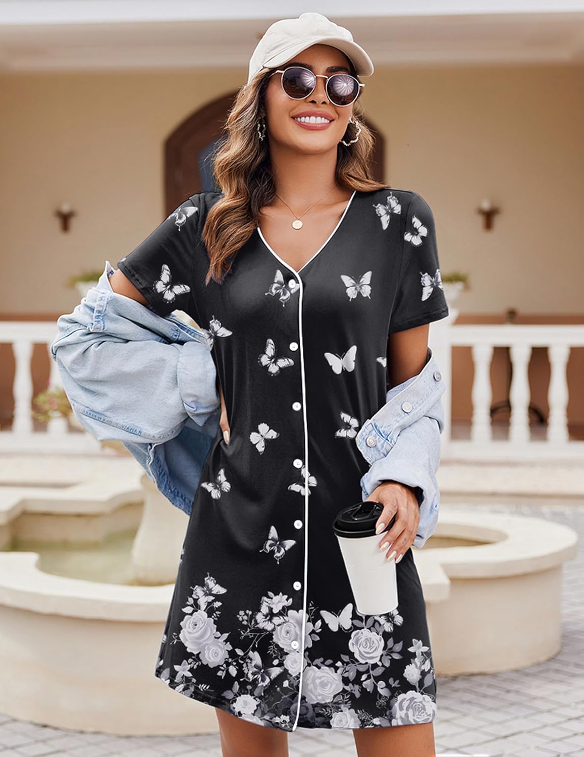 Black button-down nightshirt with V-neck, short sleeves, butterflies and floral print