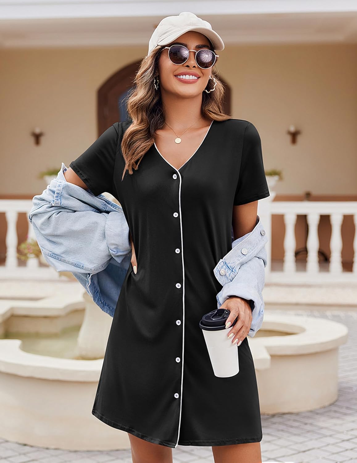 Black button-front short-sleeve nightshirt with V-neck and button placket