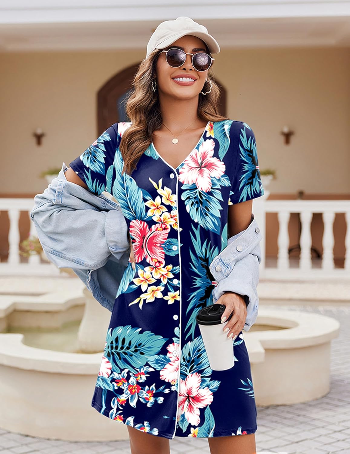 Teal floral button-front short-sleeve nightshirt with V-neck and button placket
