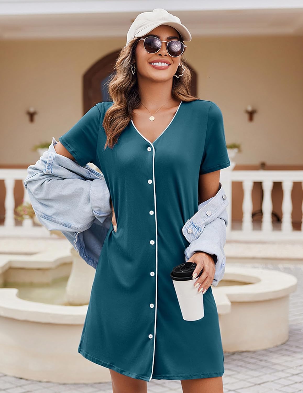 Short-sleeve button-front nightshirt with V-neck, teal solid with white buttons.