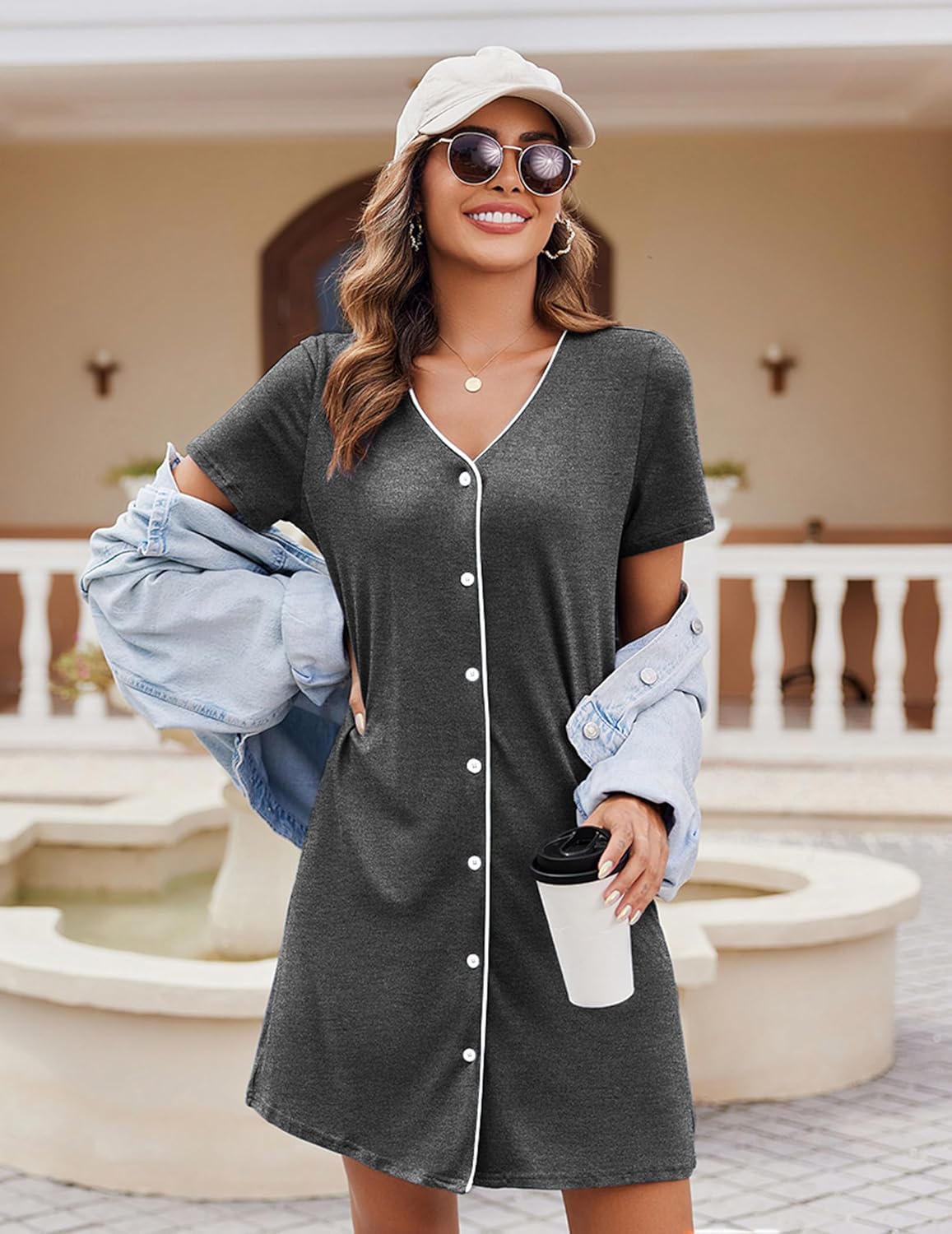 Short-sleeve button-front nightshirt with V-neck, dark gray solid with white buttons.