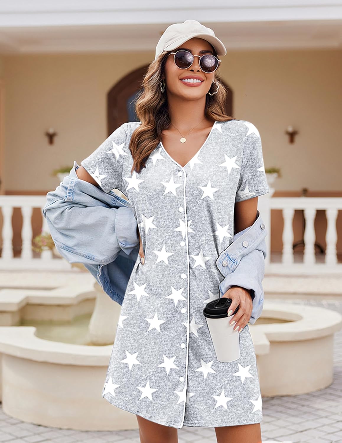 Short-sleeve button-front nightshirt with V-neck, light gray with white star pattern.