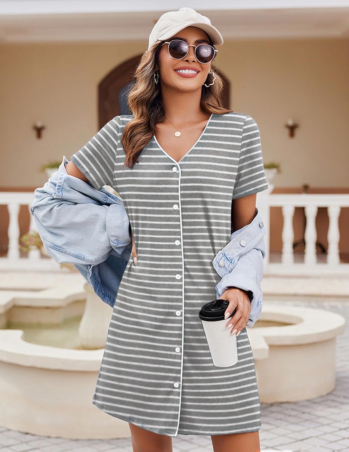 Women’s short-sleeve button-front nightshirt in light gray with white stripes