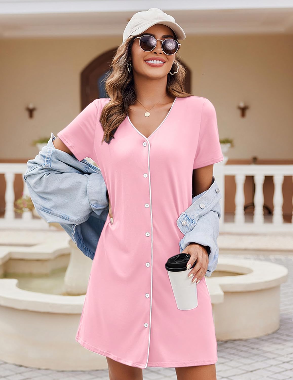 Women’s short-sleeve button-front nightshirt in soft pink with V-neck