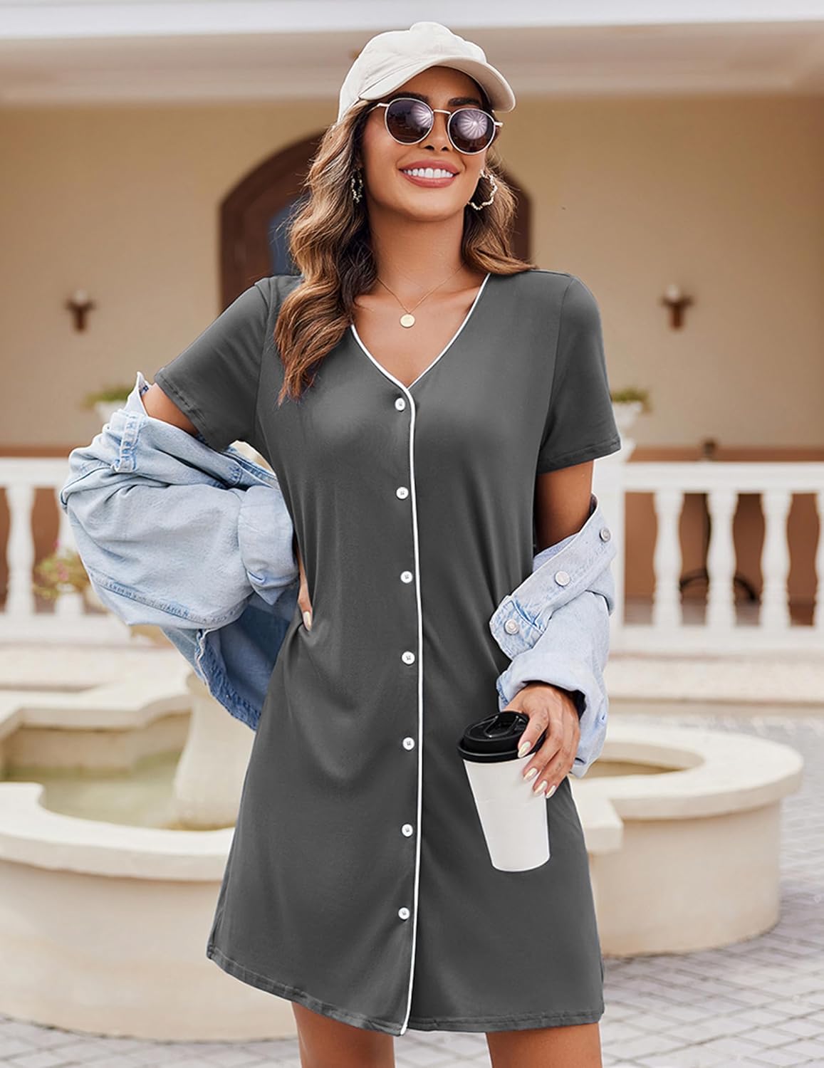 Short-sleeve button-front nightshirt with V-neck, dark gray solid with white buttons.