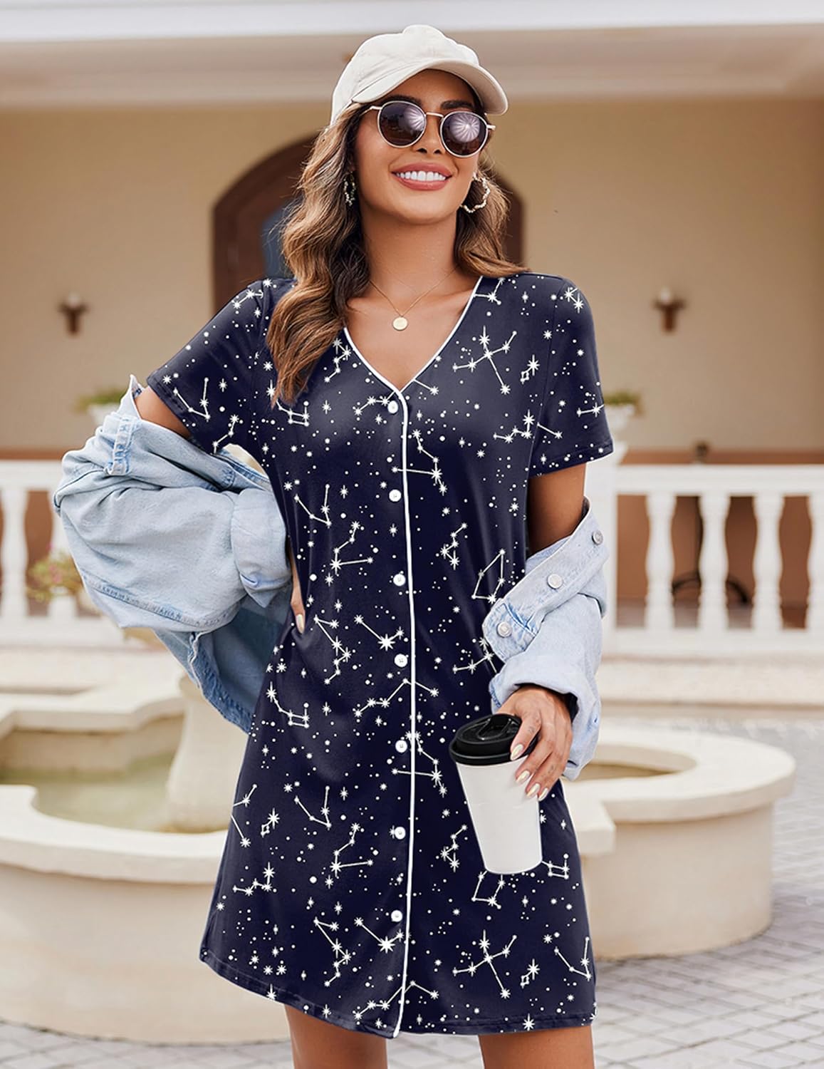 Dark navy button-front short-sleeve nightshirt with star print