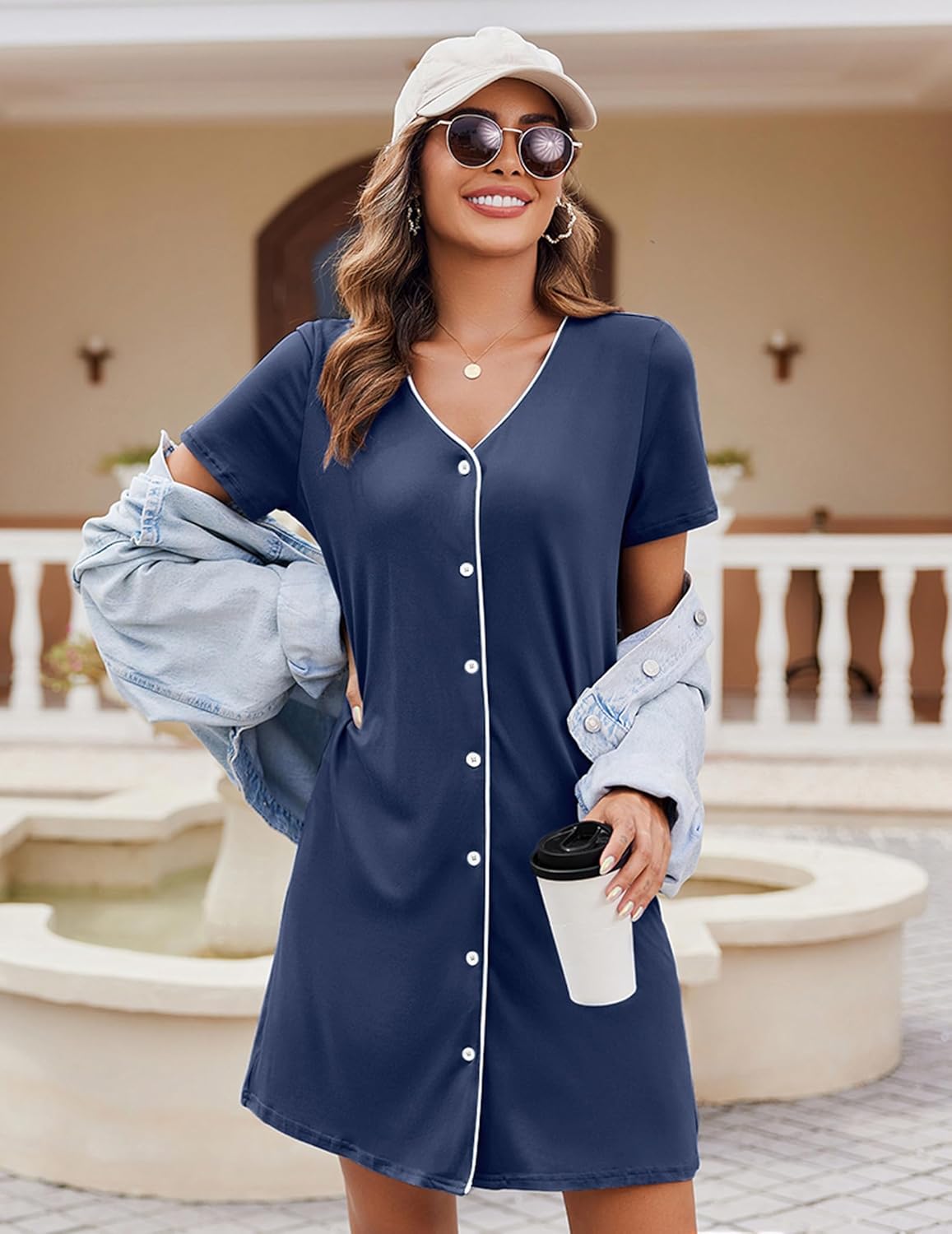 Short-sleeve button-front nightshirt with V-neck, navy solid with white buttons.
