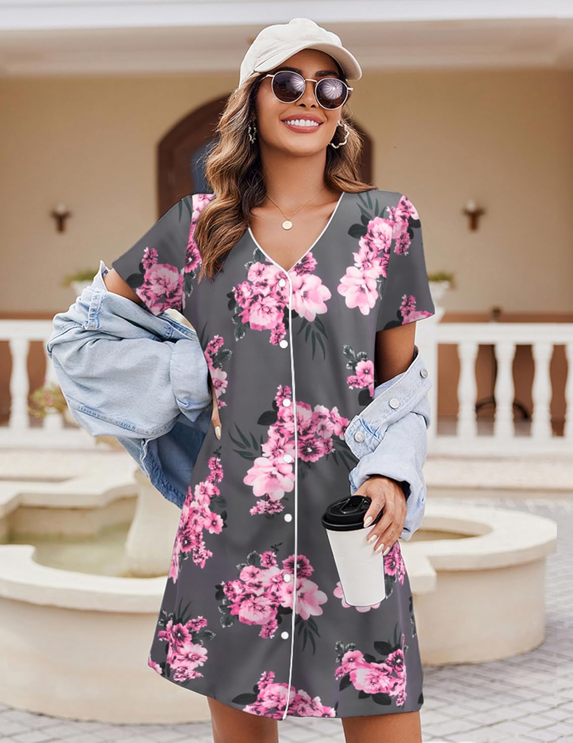 Short-sleeve button-front nightshirt with V-neck, dark gray with pink floral print.