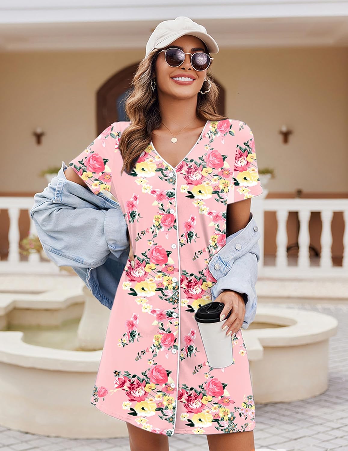 Women’s short-sleeve button-front nightshirt with pink rose floral print