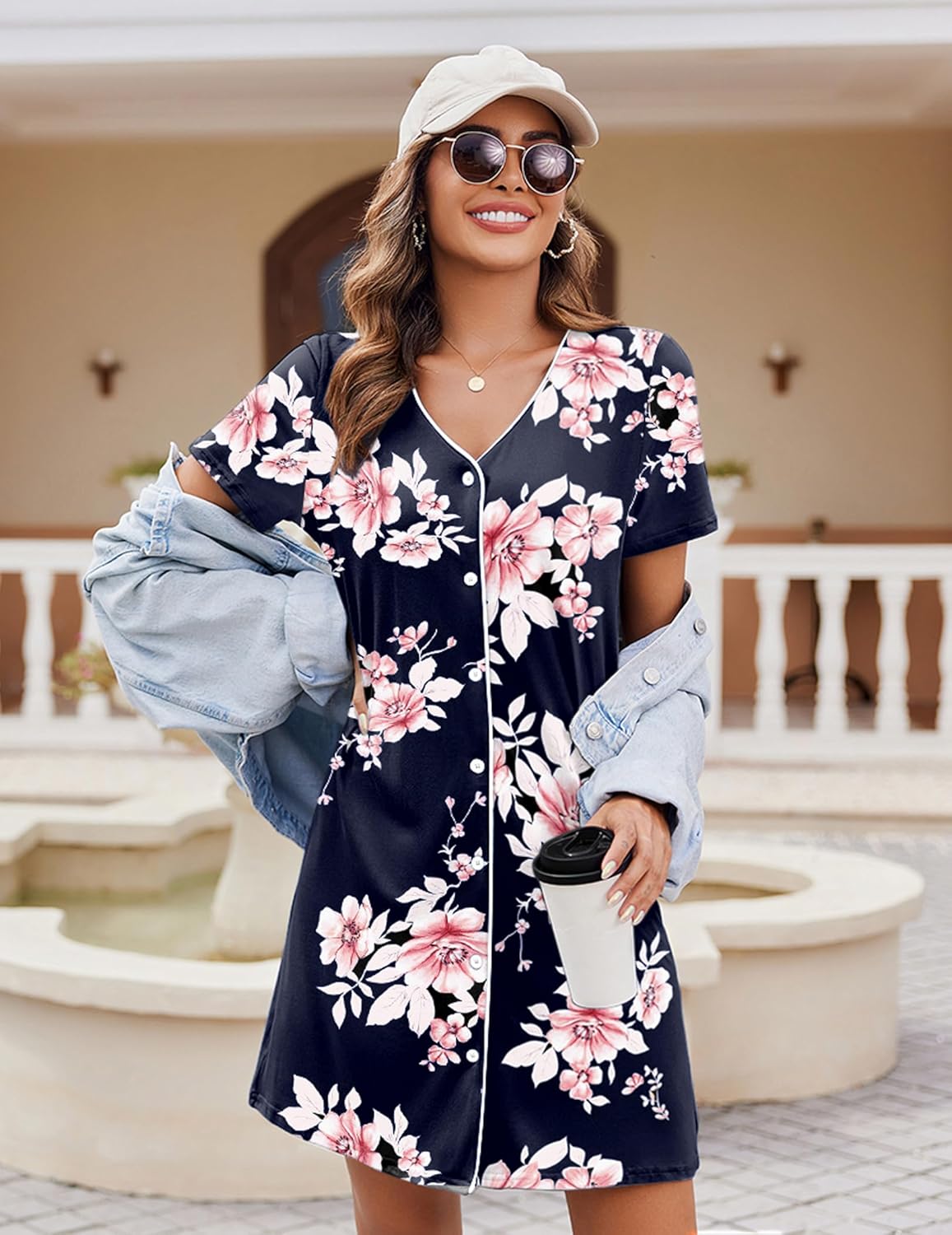 Women’s short-sleeve button-front nightshirt in dark navy with pink floral print