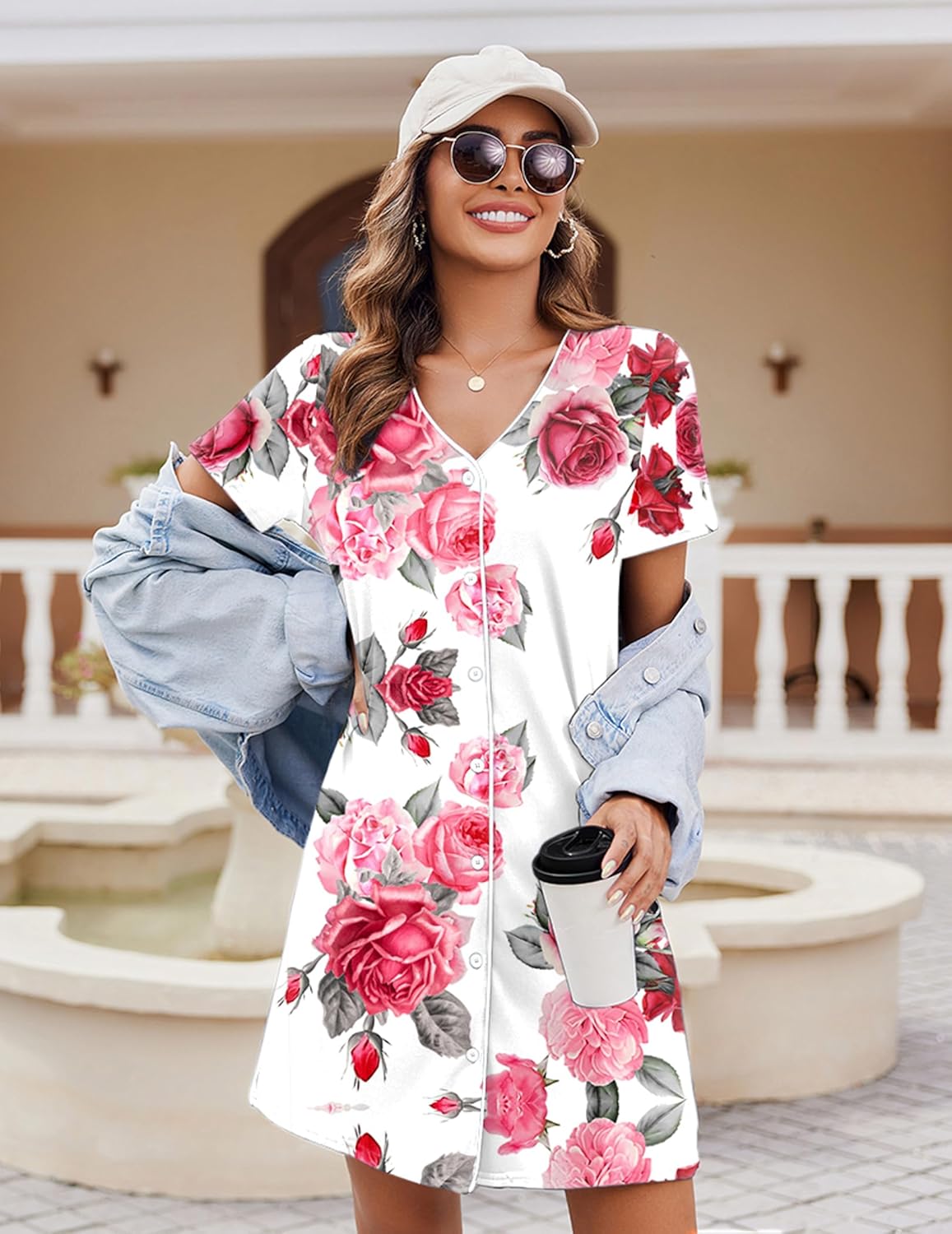 White button-front short-sleeve nightshirt with pink rose print