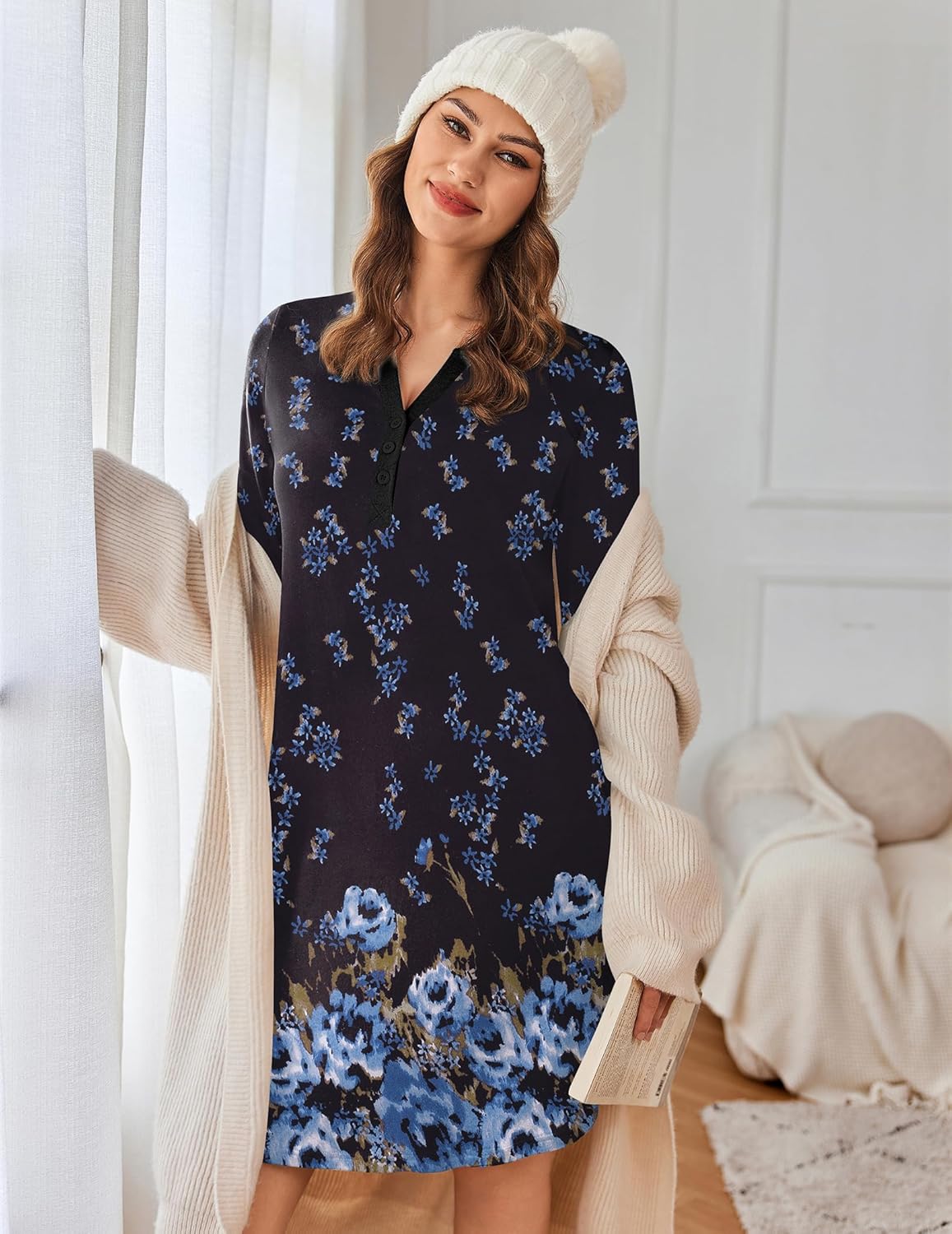 Black nightshirt pajama dress with blue floral print, V-neck button front, long sleeves