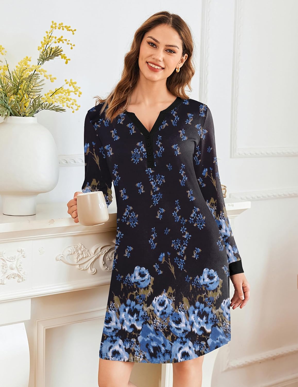 Dark nightshirt pajama dress with blue floral print, V-neck button front, long sleeves