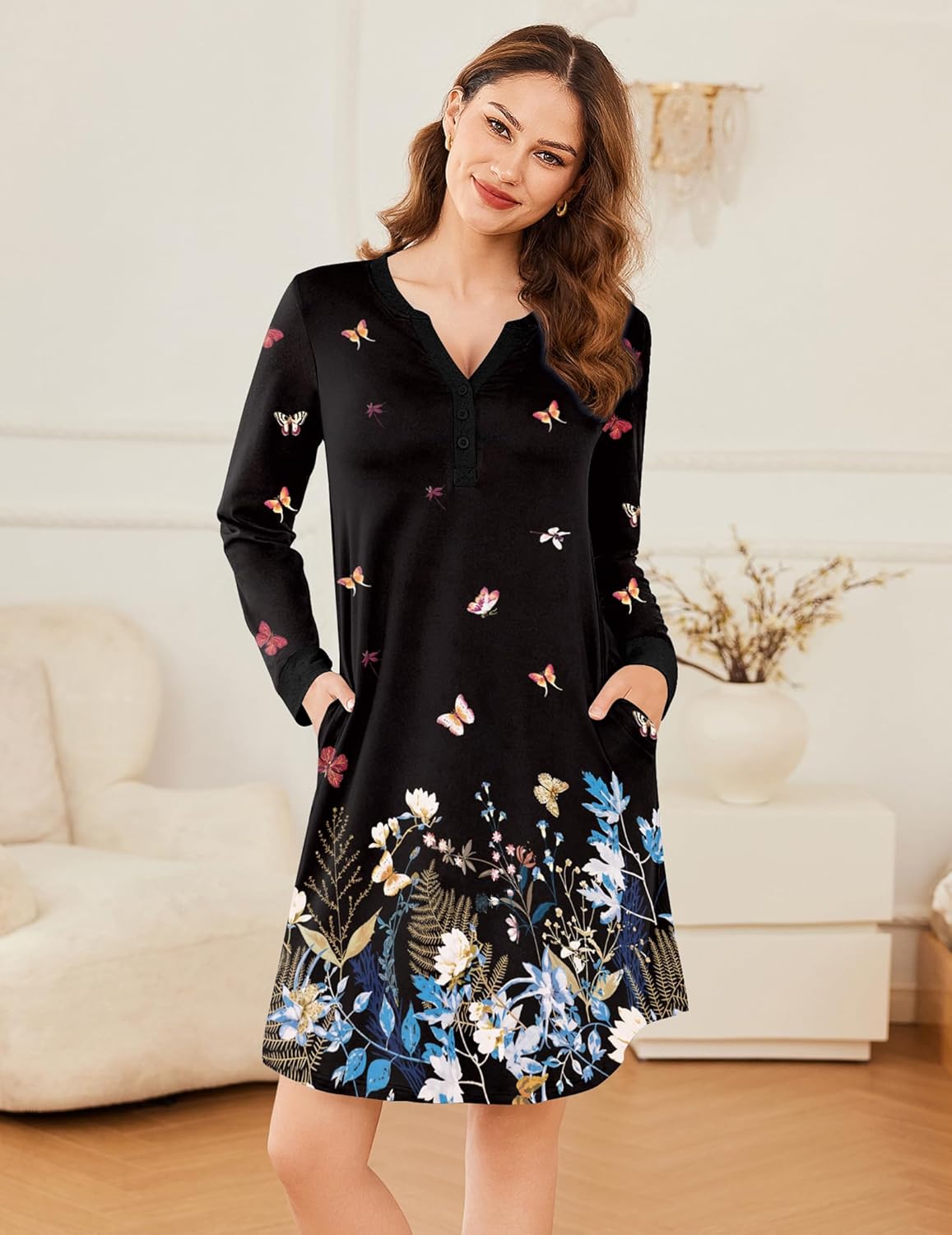 Black floral butterfly V-neck button-down nightshirt pajama dress