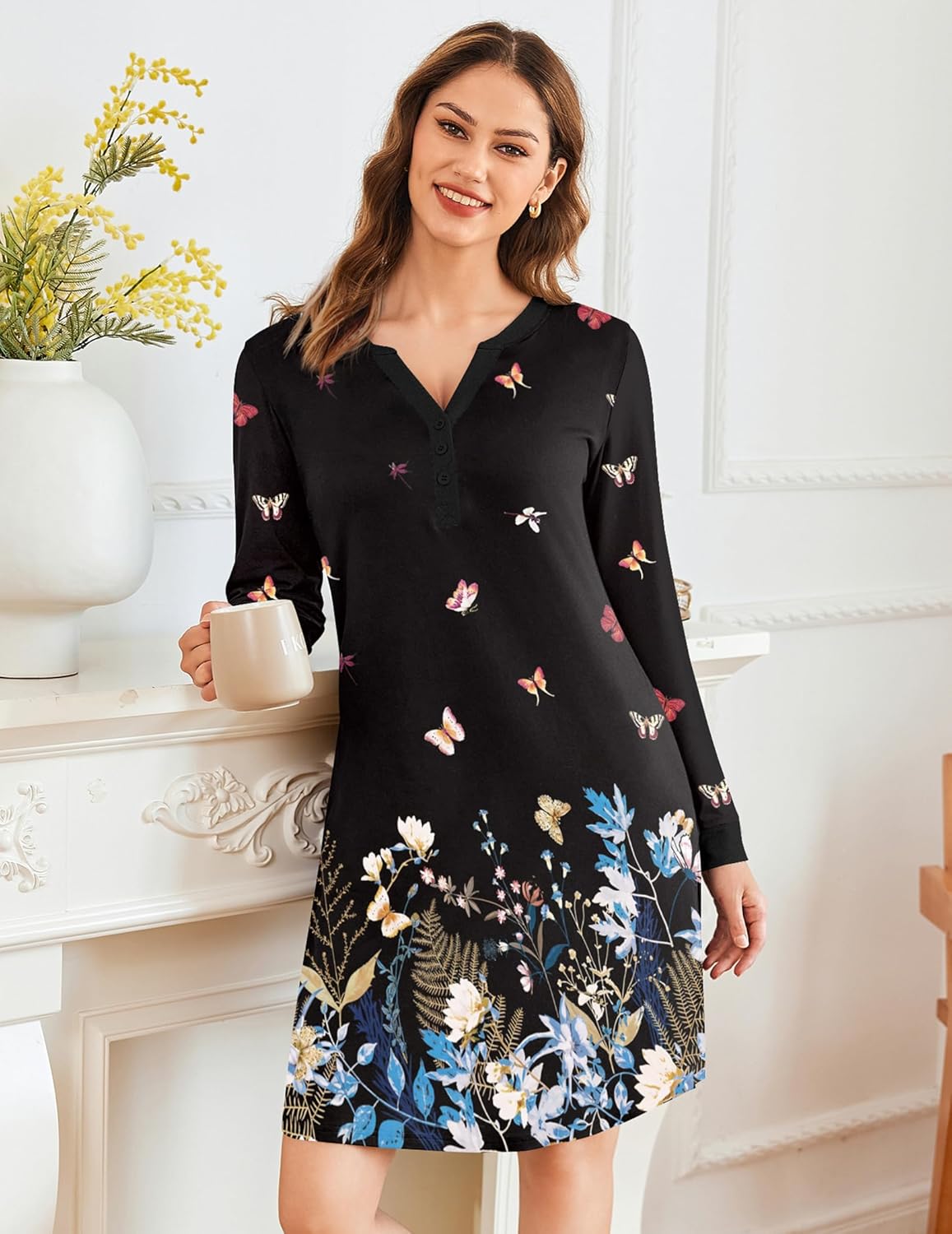 Black floral butterfly nightshirt pajama dress with V-neck button front