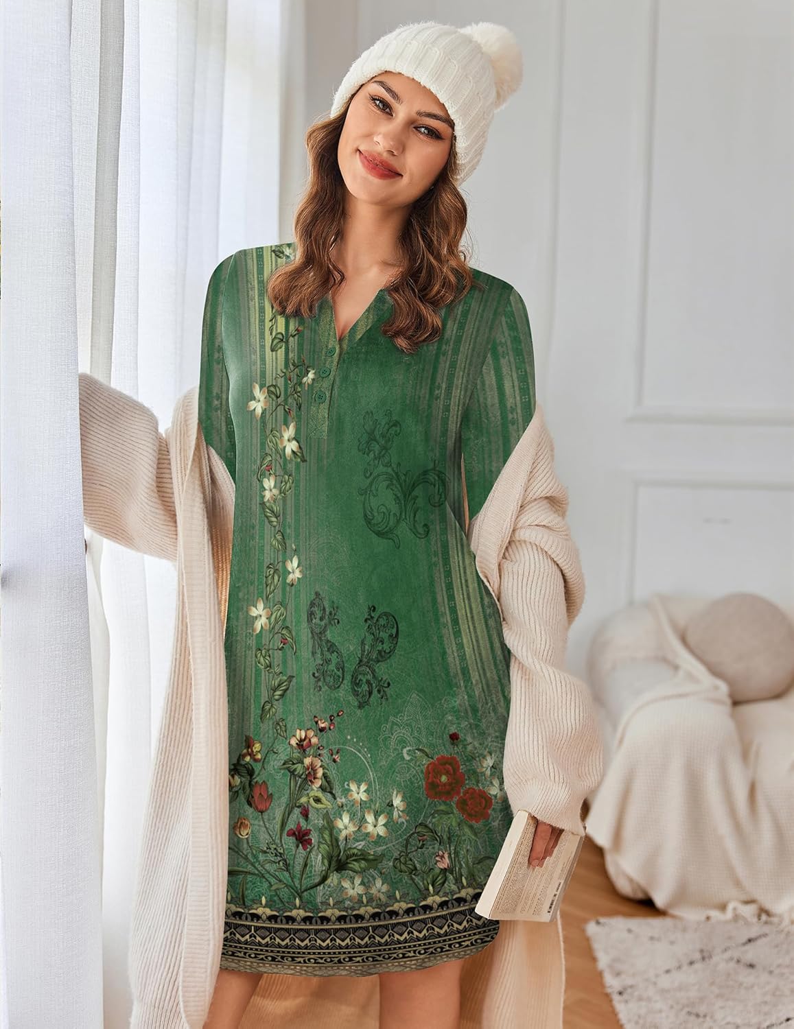 Green floral V-neck button-down nightshirt pajama dress, long sleeves