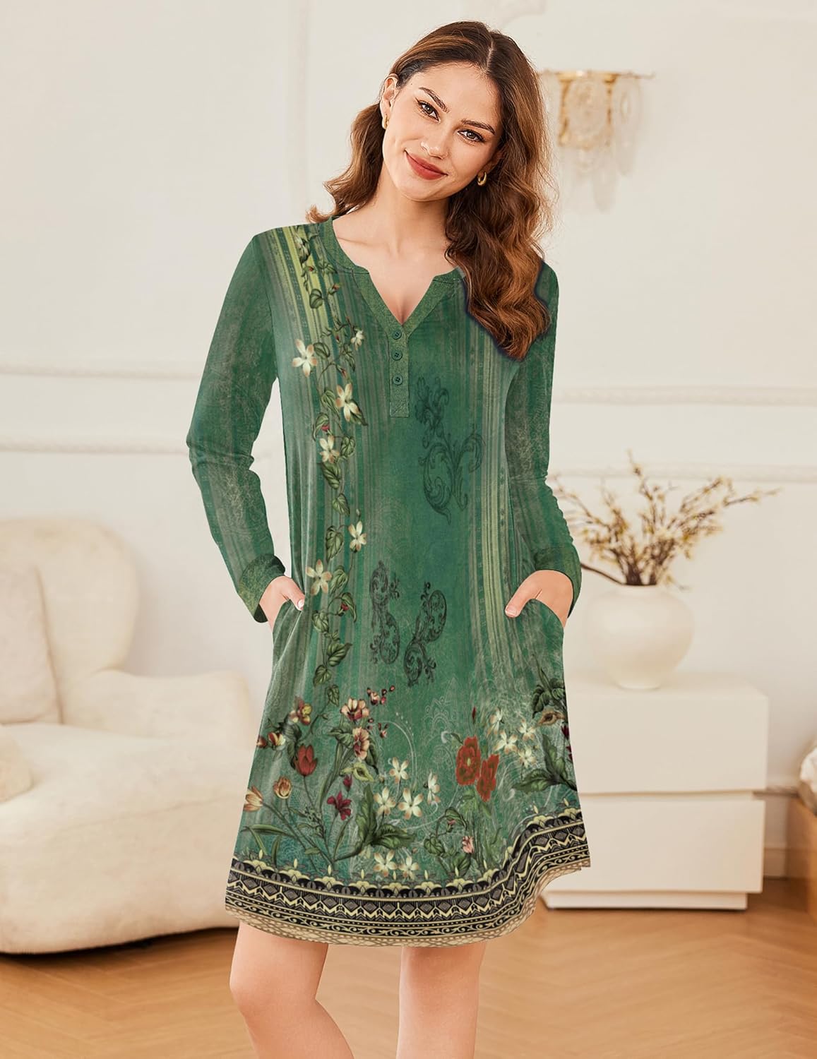Green V-neck button-down nightshirt pajama dress with floral hem, long sleeves