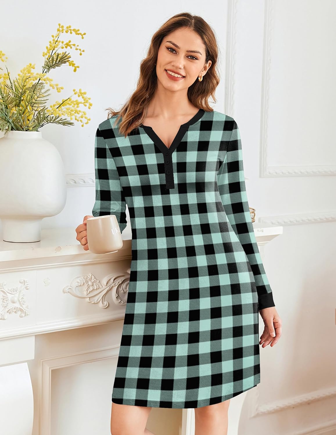 Teal plaid nightshirt pajama dress with V-neck button front and long sleeves