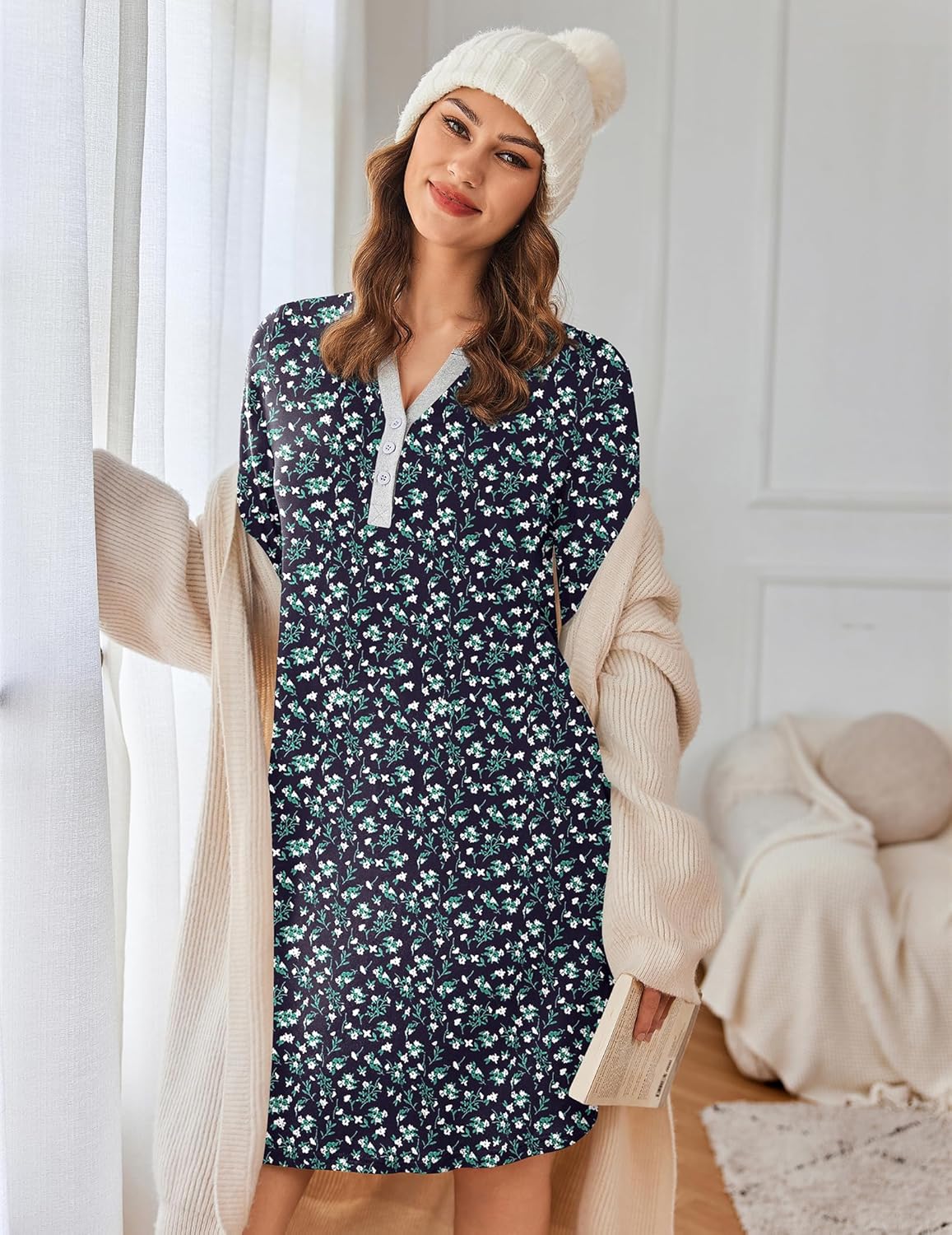 Nightshirt pajama dress V-neck button-front, dark navy floral nightgown style