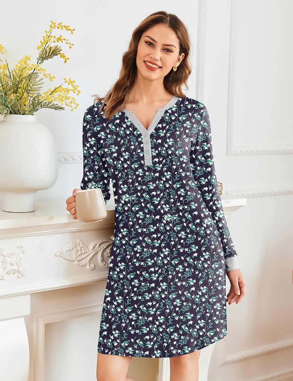 Nightshirt pajama dress V-neck button-front, dark navy floral print