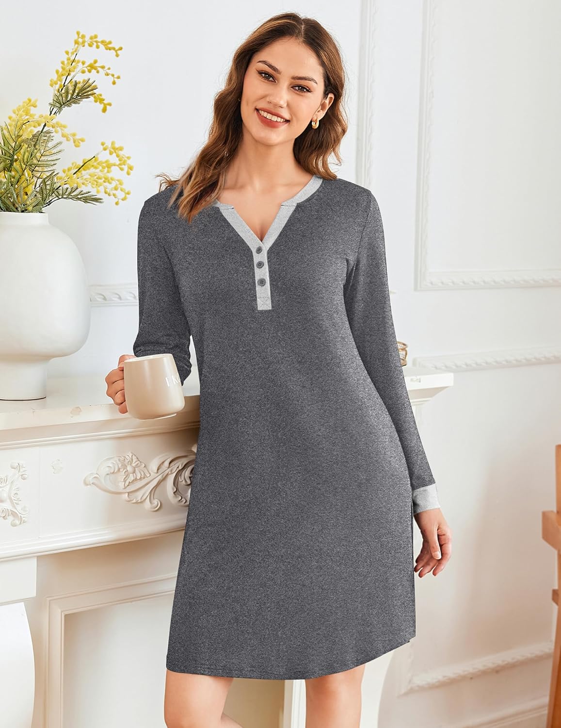 Grey nightshirt pajama dress with V-neck button front and long sleeves, contrast trim