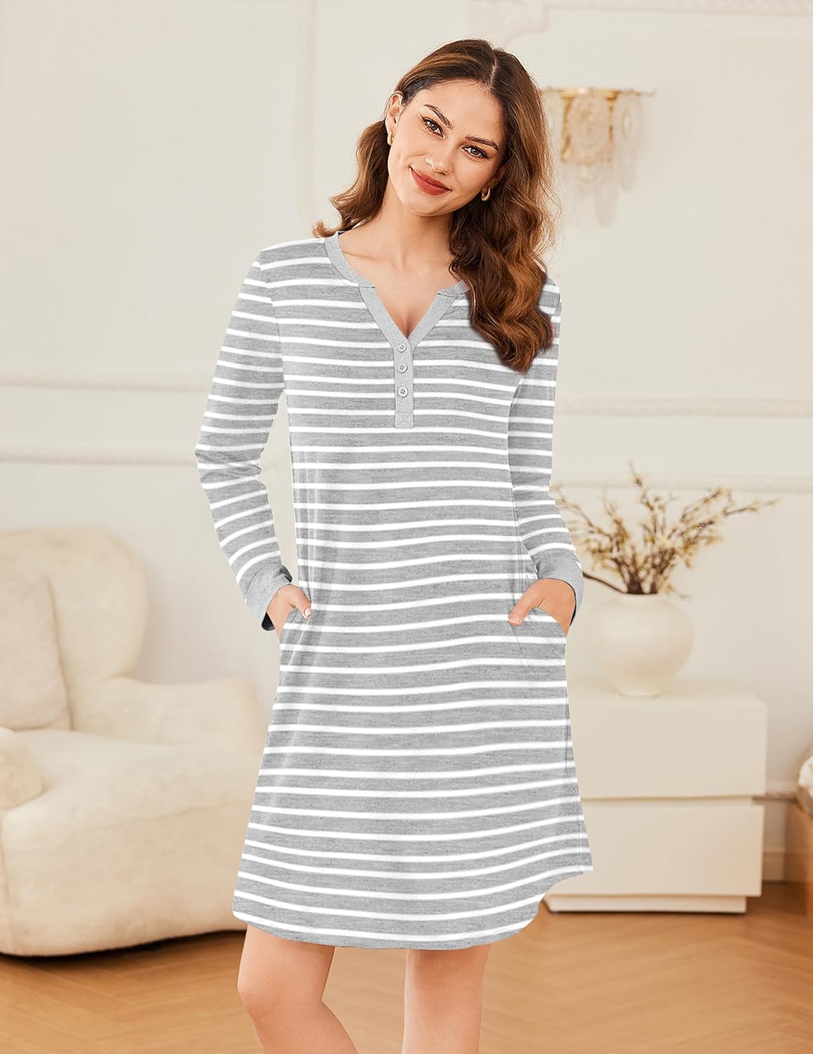 Light gray-and-white striped button-down V-neck nightshirt pajama dress