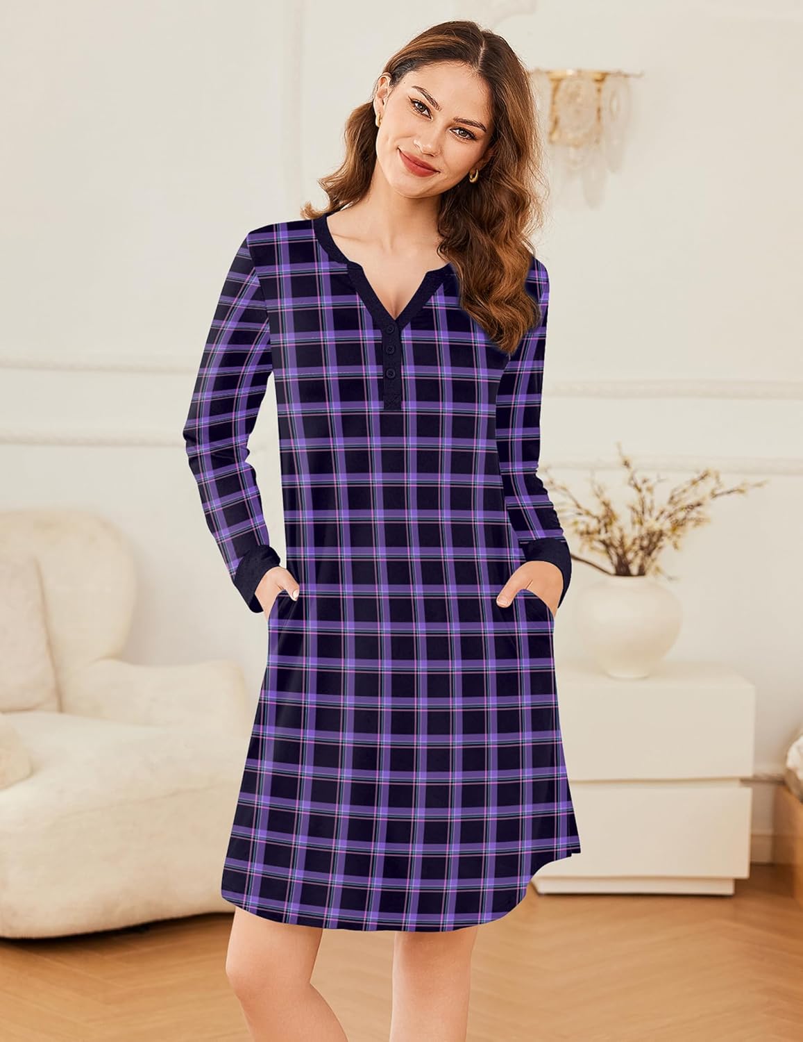 Purple plaid V-neck button-down nightshirt pajama dress with long sleeves