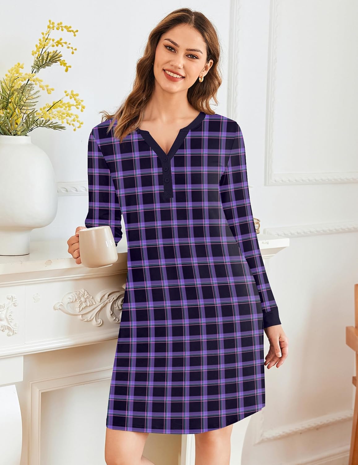 Purple plaid V-neck long-sleeve button-down nightshirt pajama dress