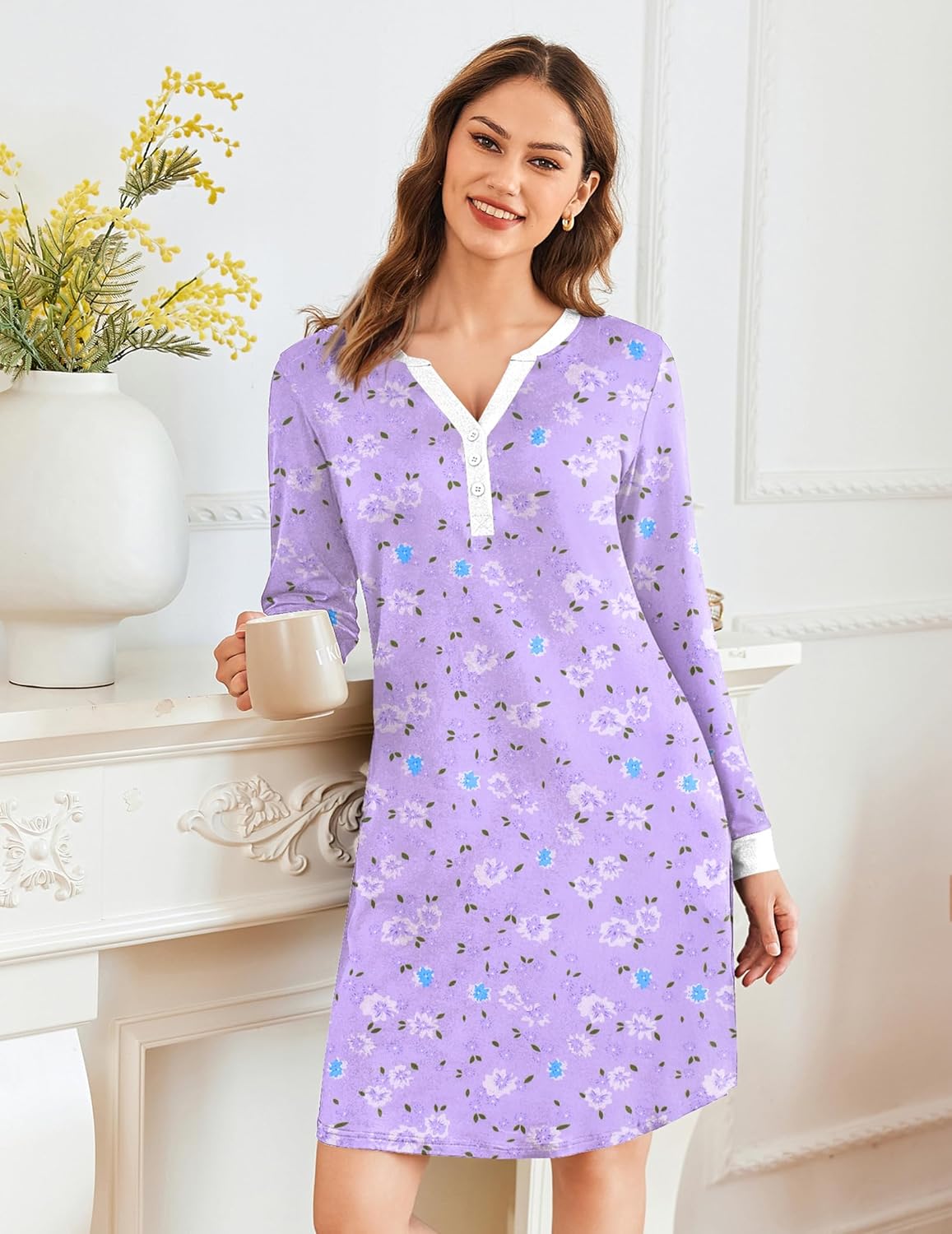 Nightshirt pajama dress V-neck button-front, lavender with small blue floral
