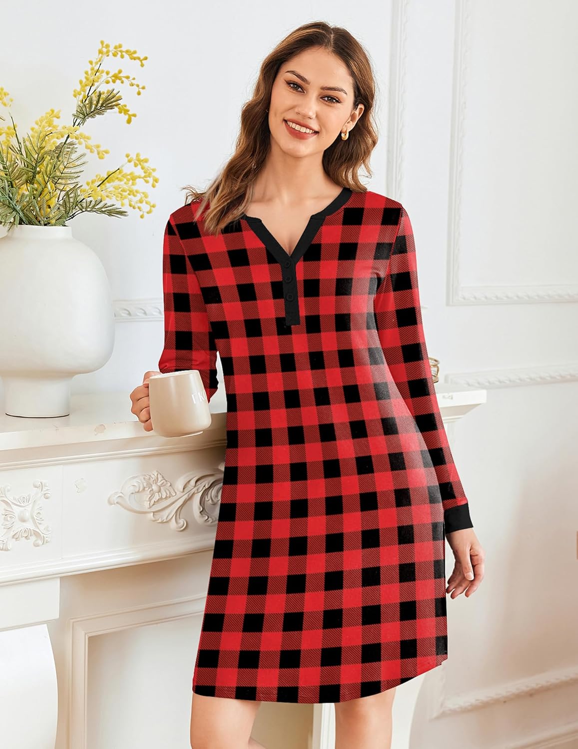 Red and black plaid V-neck button nightshirt pajama dress, long sleeves
