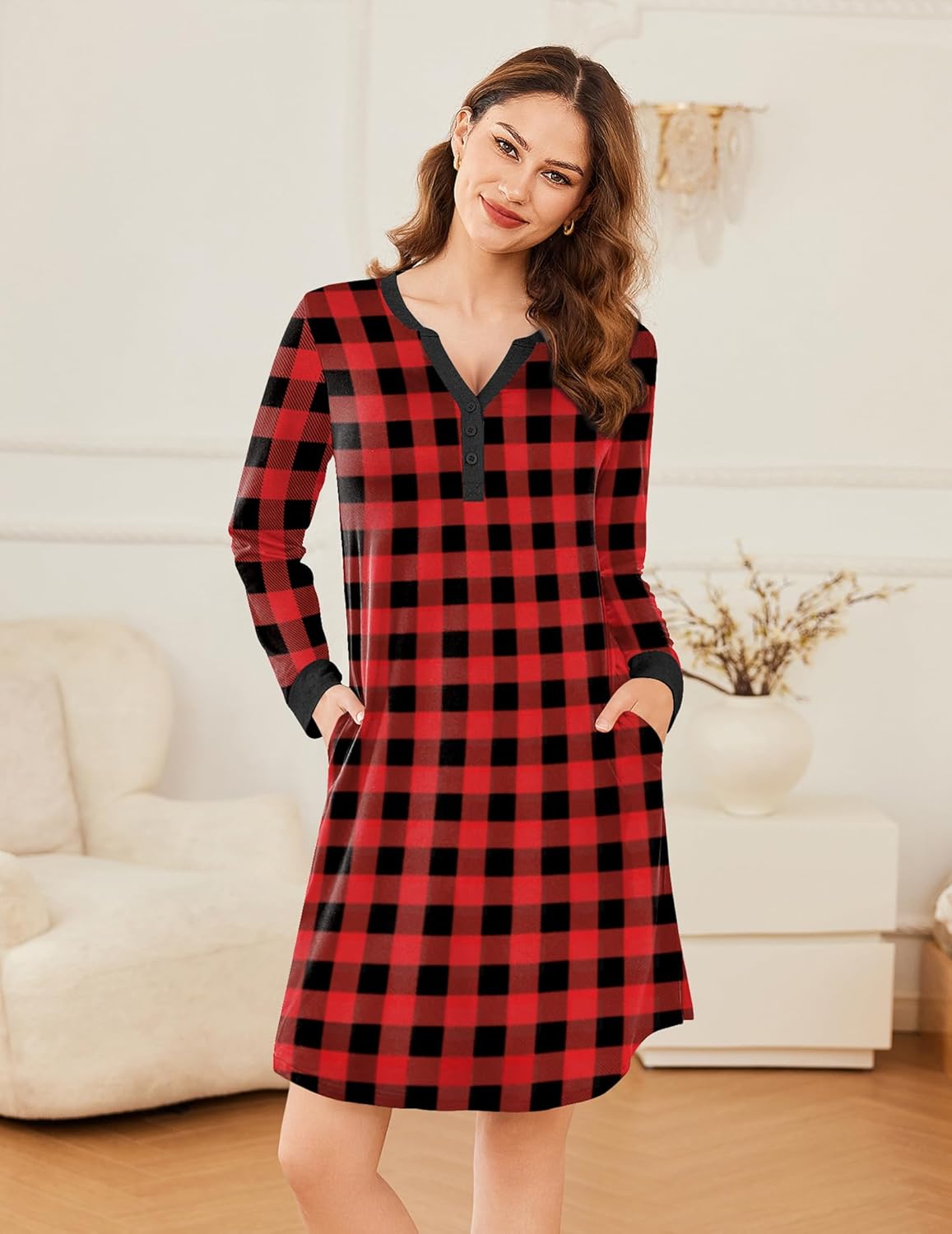 Red and black plaid V-neck long-sleeve nightshirt dress with button front