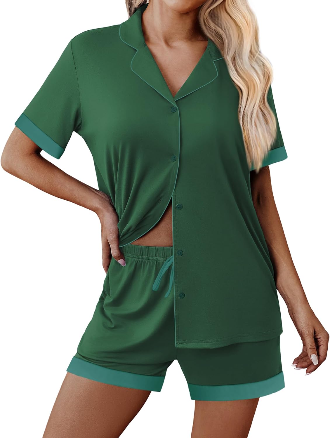 Bright green button-down pajama top with matching shorts and teal trim