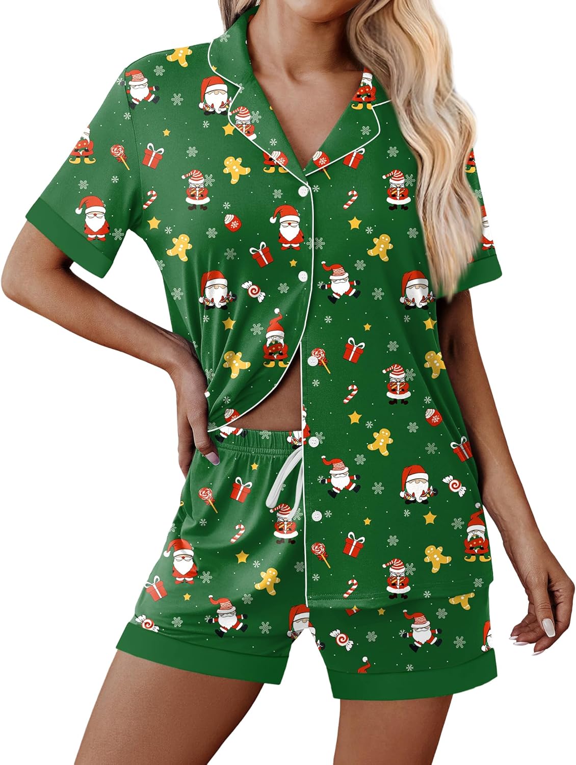 Green holiday pajama set with Santa and gingerbread print; button front and shorts