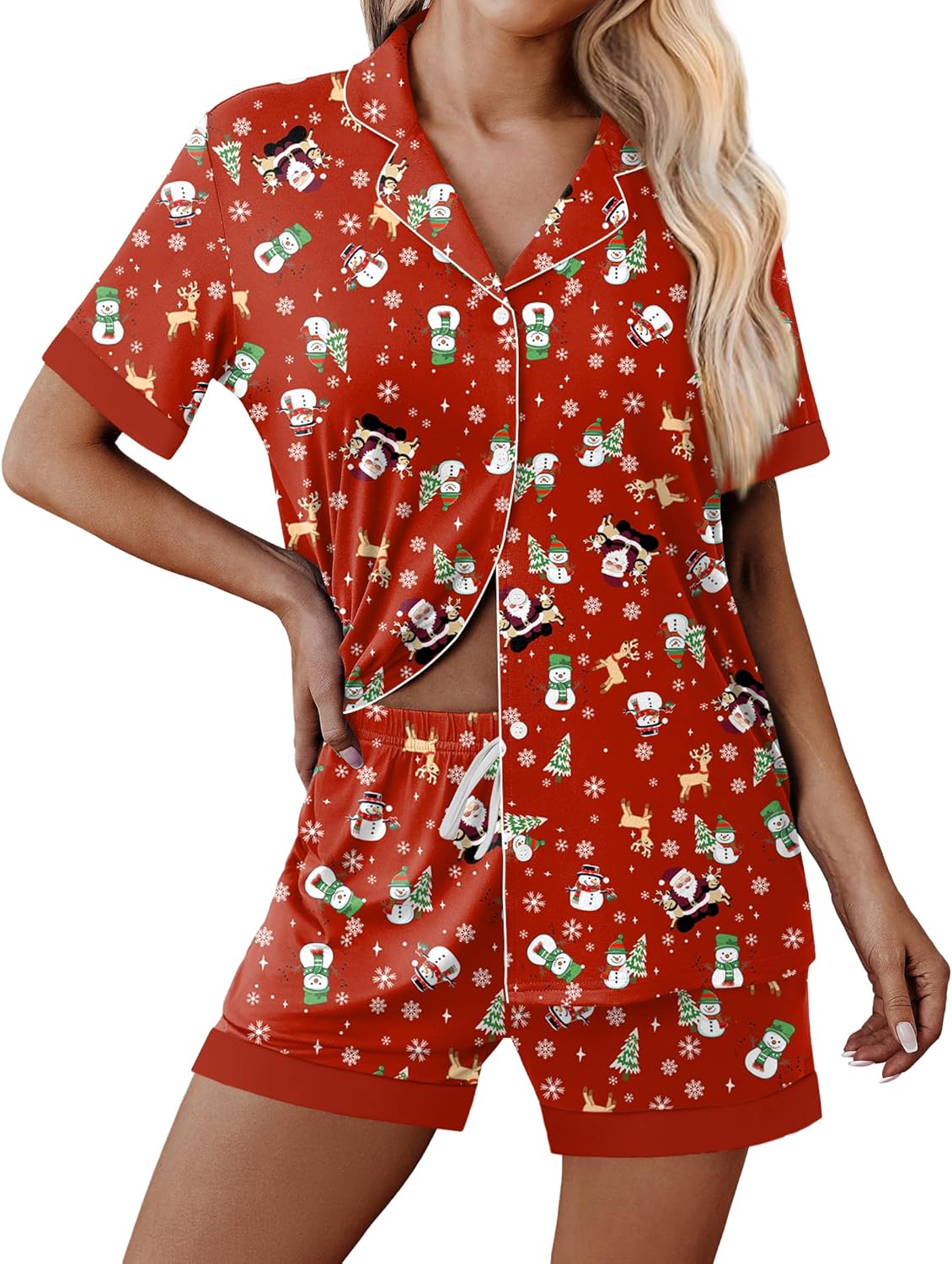 Red Christmas pajama set with button-front shirt and printed drawstring shorts