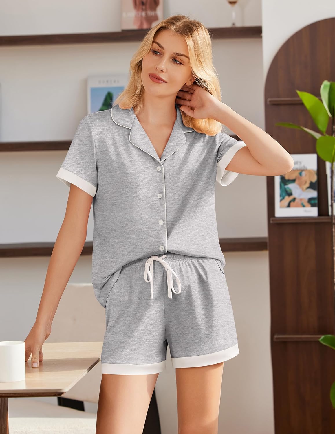 Grey button-up pajama top with shorts set, short sleeves and drawstring waist