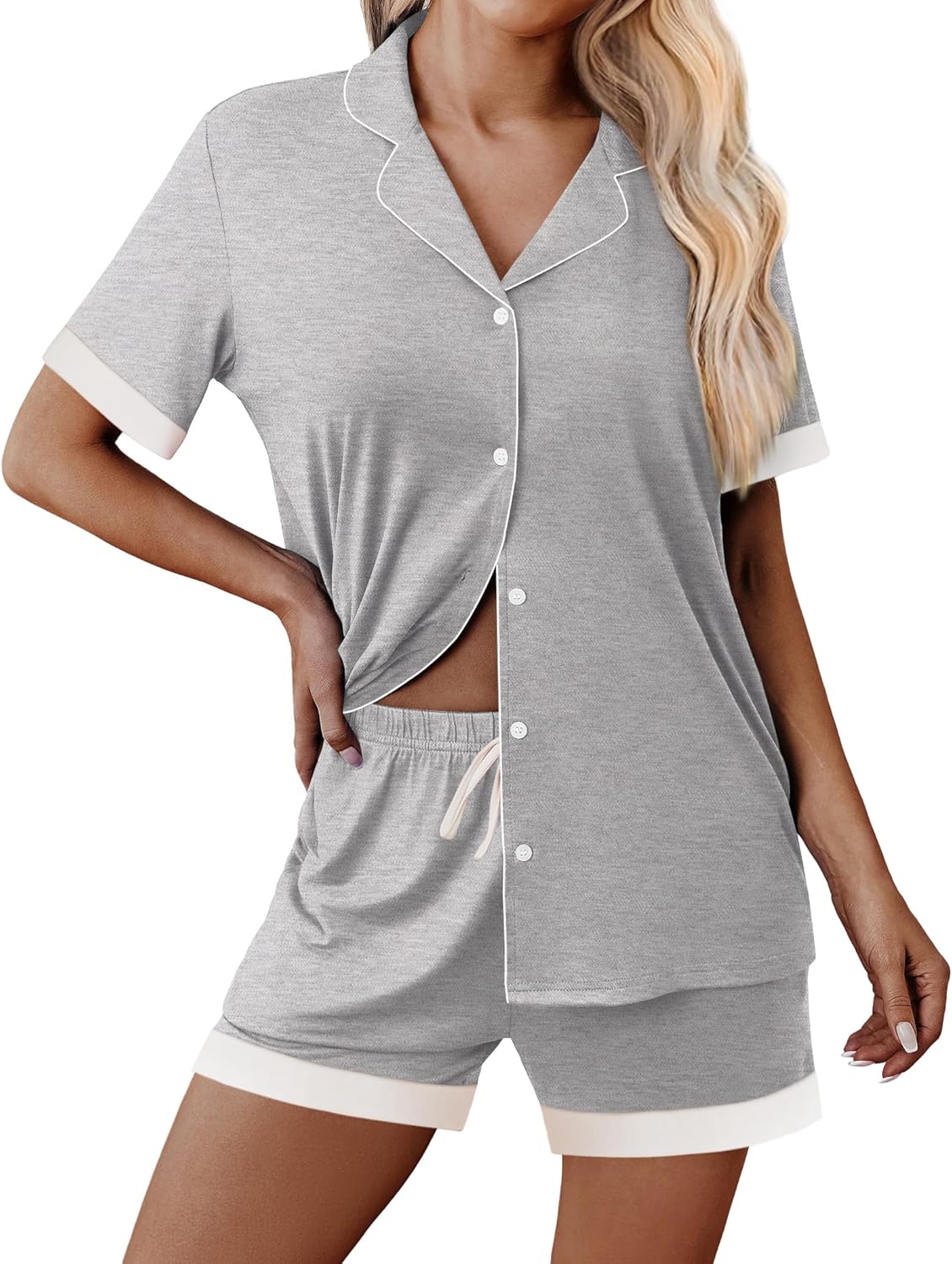 Heather gray button-front pajama set with short sleeves and drawstring shorts