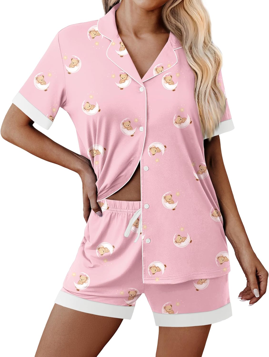 Rosa Pyjama-Set: Knopfleiste Kurzarmoberteil & Shorts, Teddy-Print, weiß abgesetzt