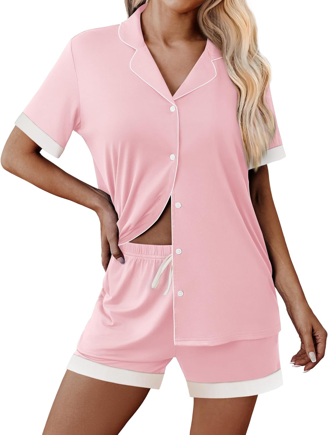 Light pink button-front pajama set with white trim: shirt and drawstring shorts