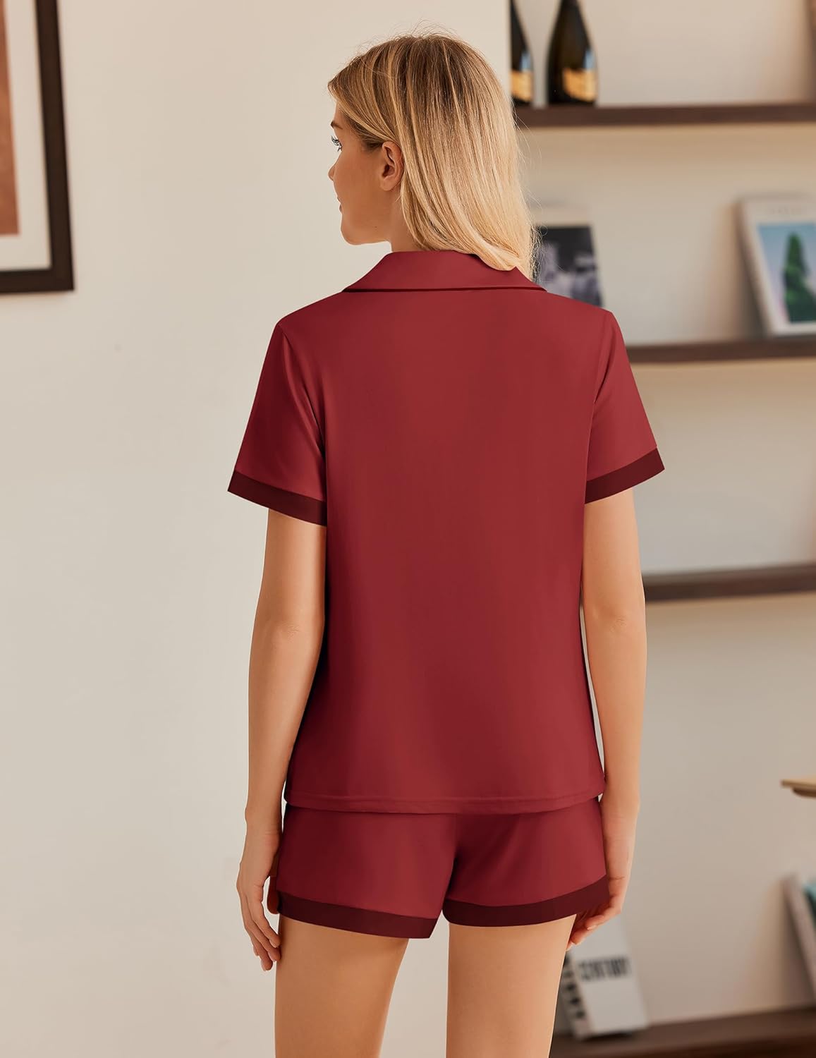 Back view wine red button pajama top with short sleeves and matching shorts