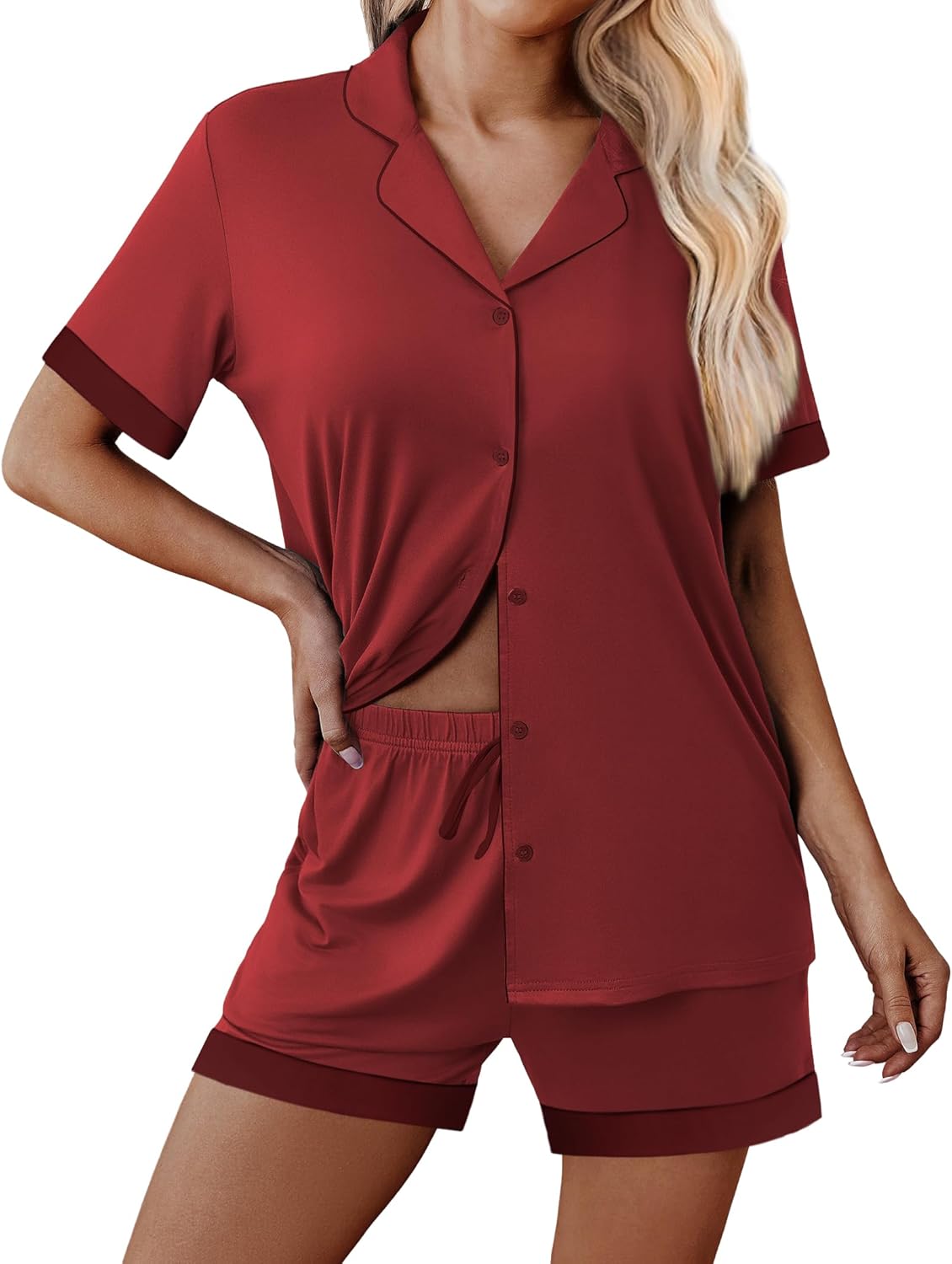 Wine red button pajama top and matching shorts with drawstring, side view