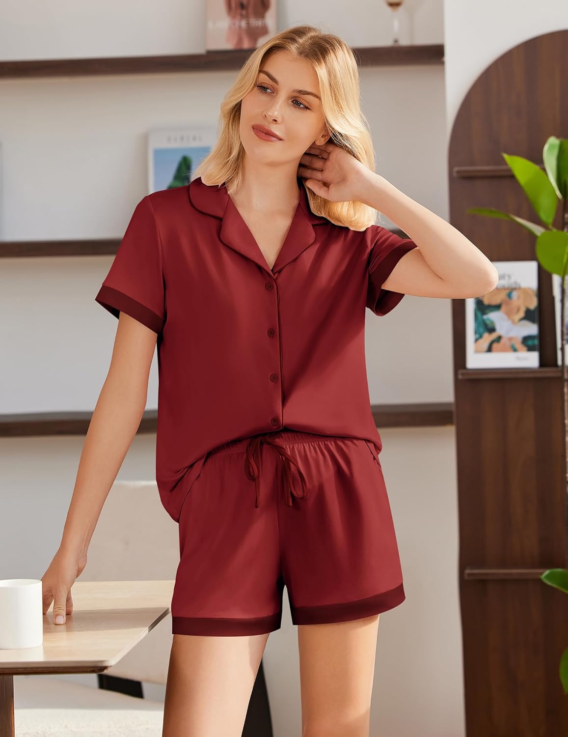 Wine red button-down pajama set with matching drawstring shorts, front view