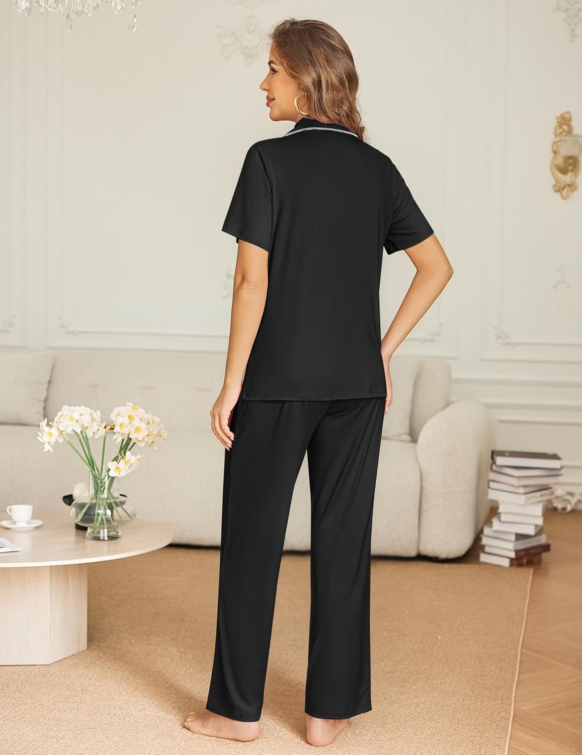 Black pajama set, back view: short-sleeve button shirt and wide-leg trousers