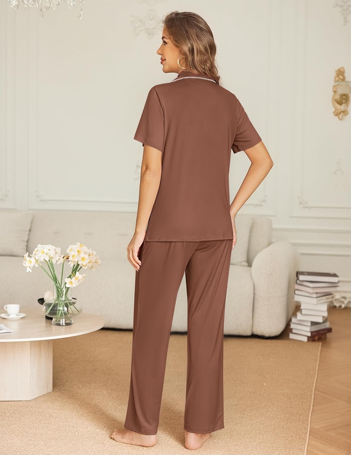 Brown pajama set with short-sleeve top and long pants, back view