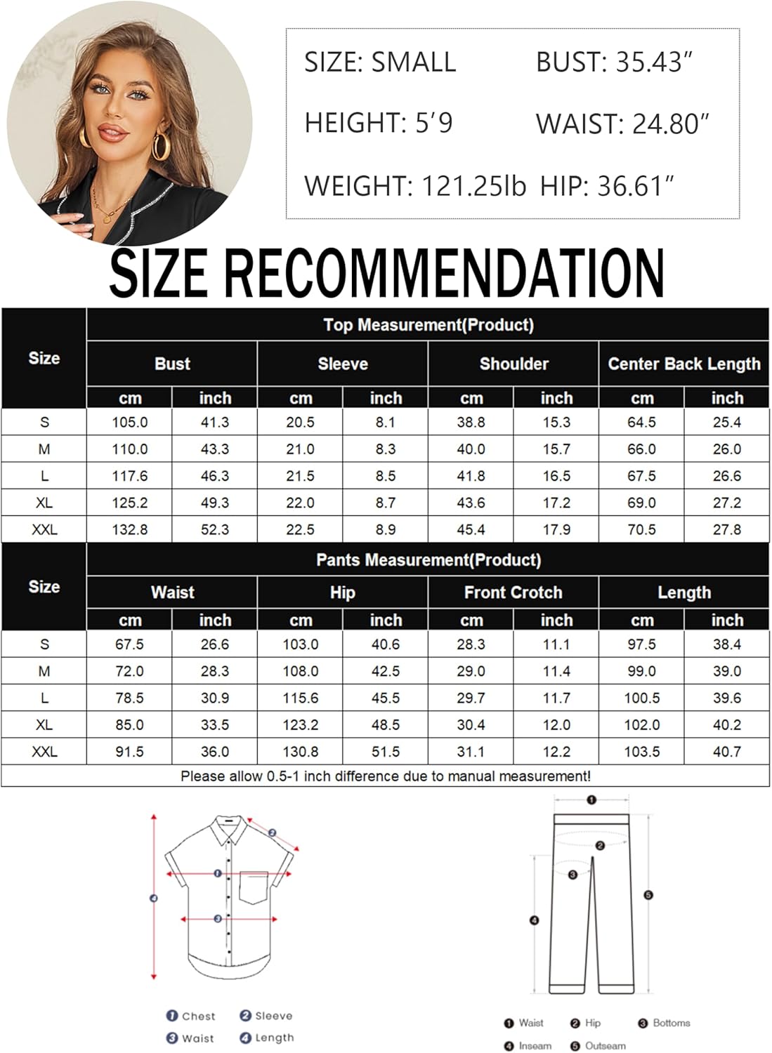 Size recommendation chart: Small measurements for top and pants