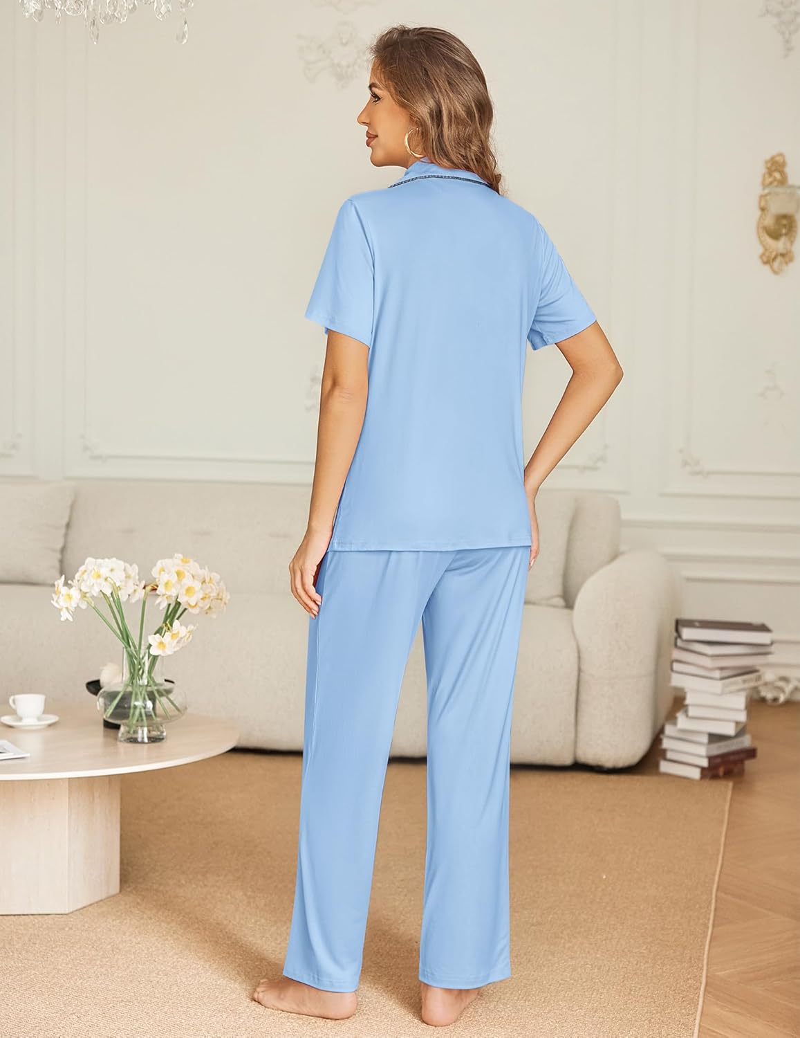 Clear blue pajama set, back view: short-sleeve button shirt and wide-leg trousers