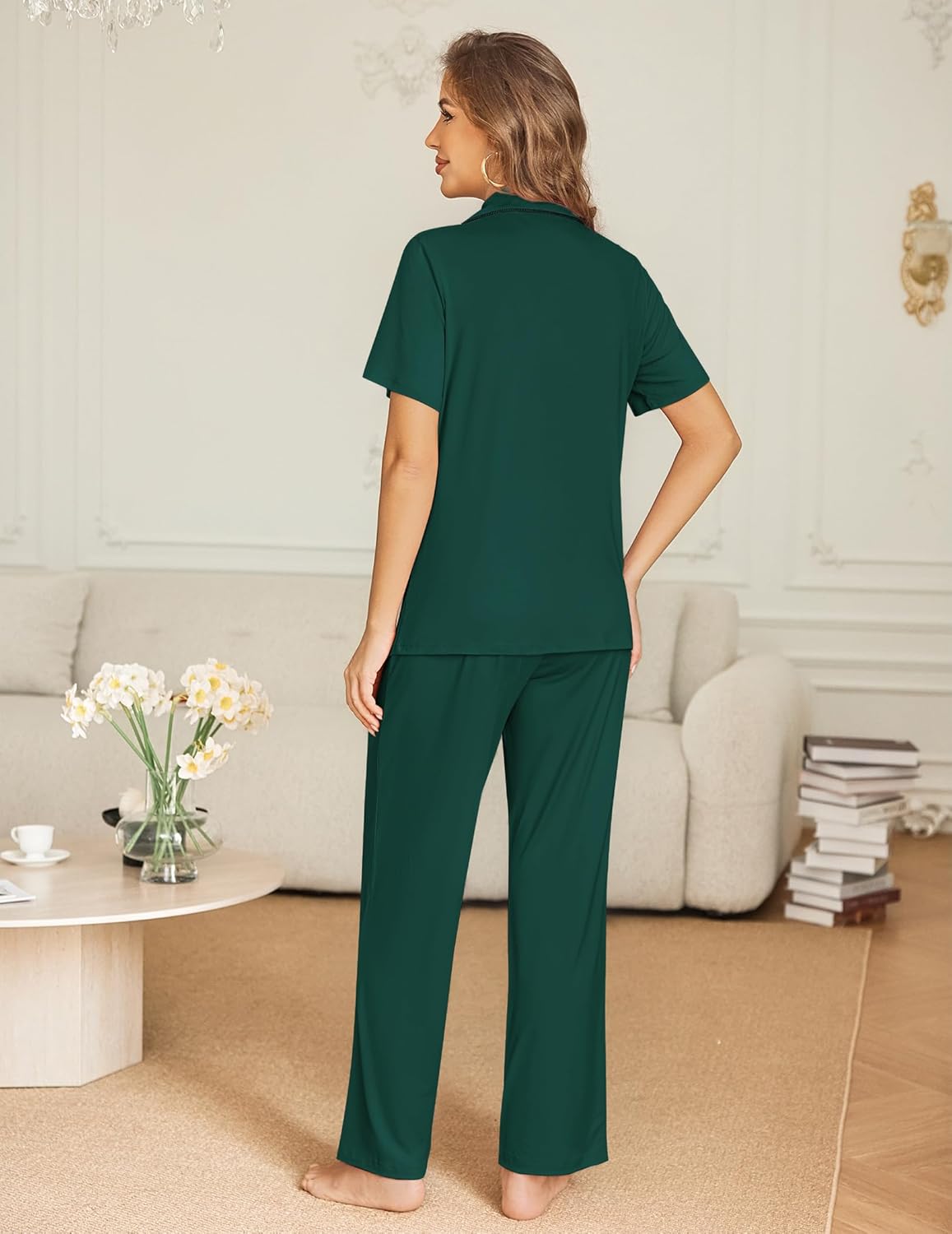 Dark green short-sleeve button-down pajama top and matching long pants, back view