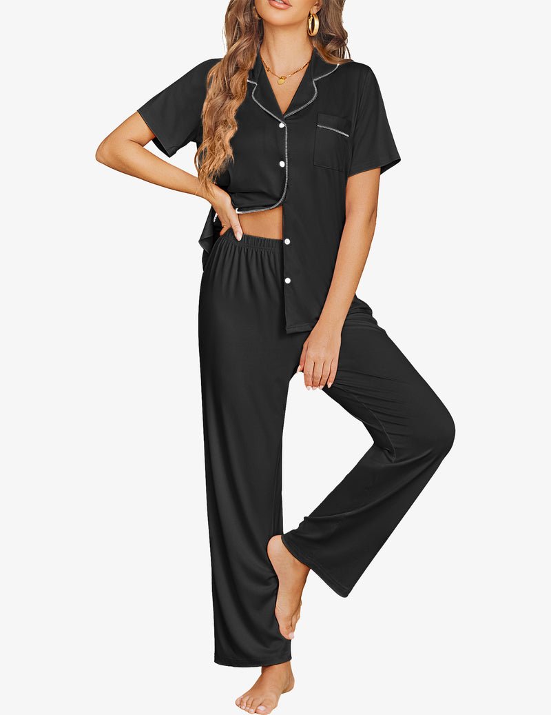 Black button-down short-sleeve pajama set, front buttons, chest pocket, long pants