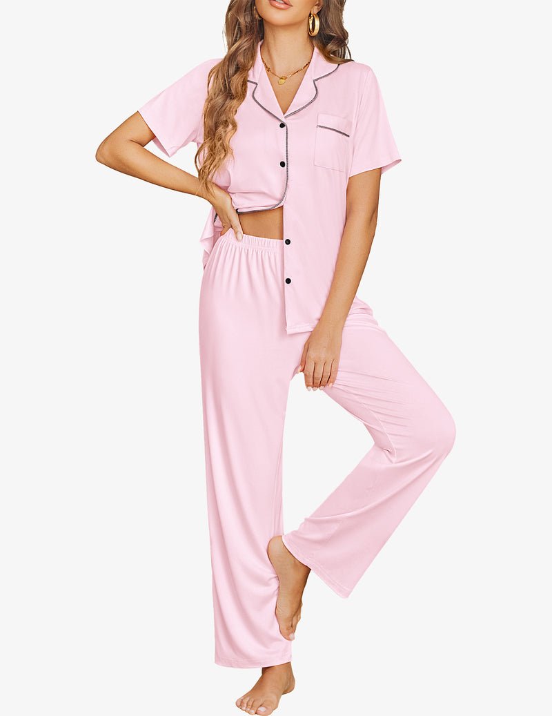 Pink button-down short-sleeve pajama set with matching long pants and chest pocket