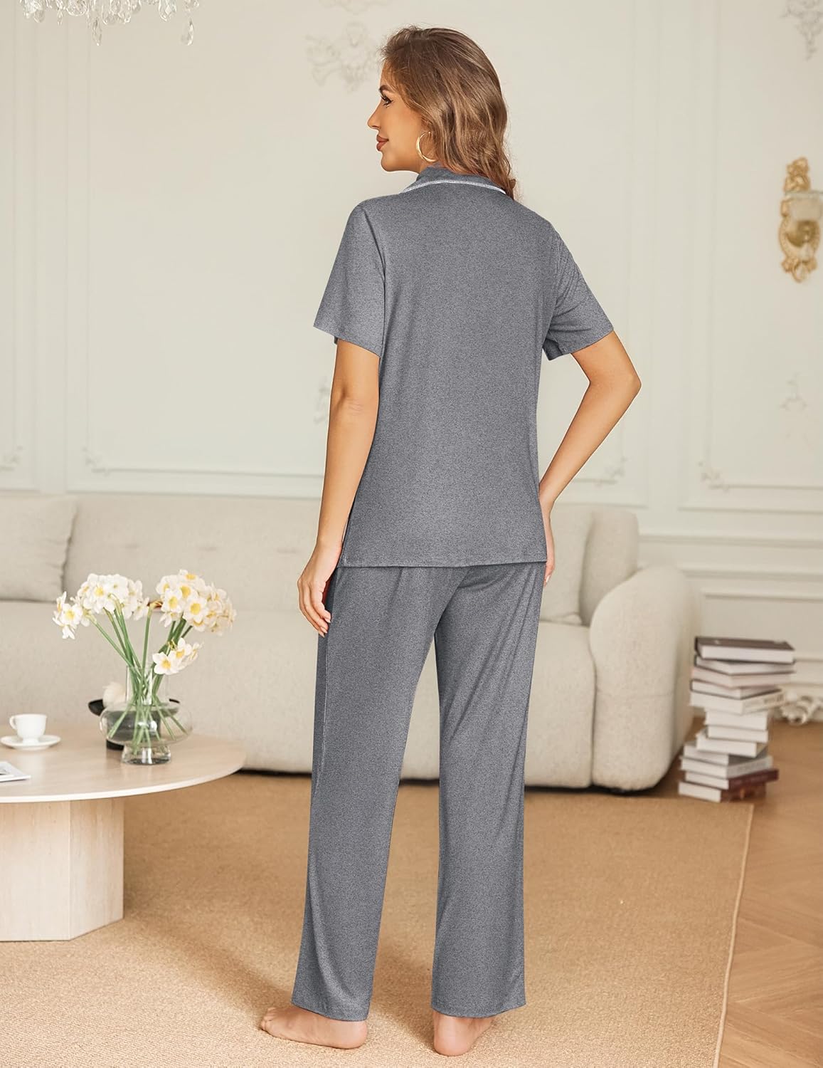Grey pajama set, back view: short-sleeve button shirt and wide-leg trousers