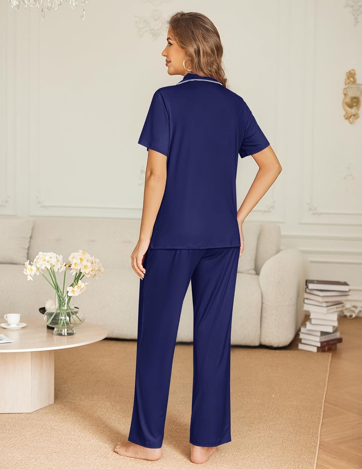 Navy blue pajama set, back view: short-sleeve button shirt and wide-leg trousers
